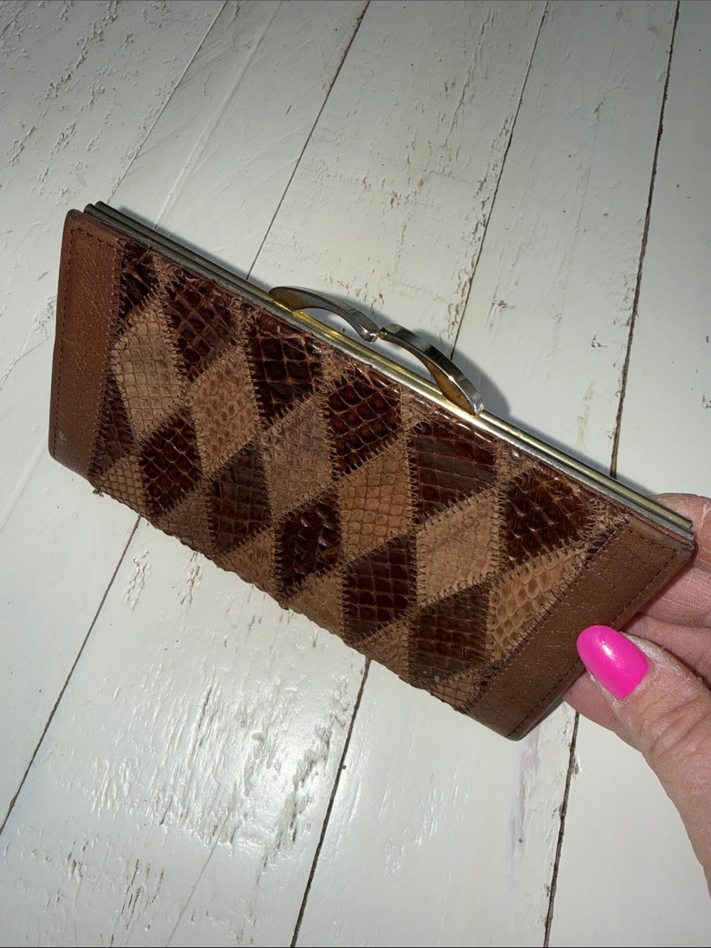 vintage 70s patchwork snakeskin clutch purse with a gold-tone clasp